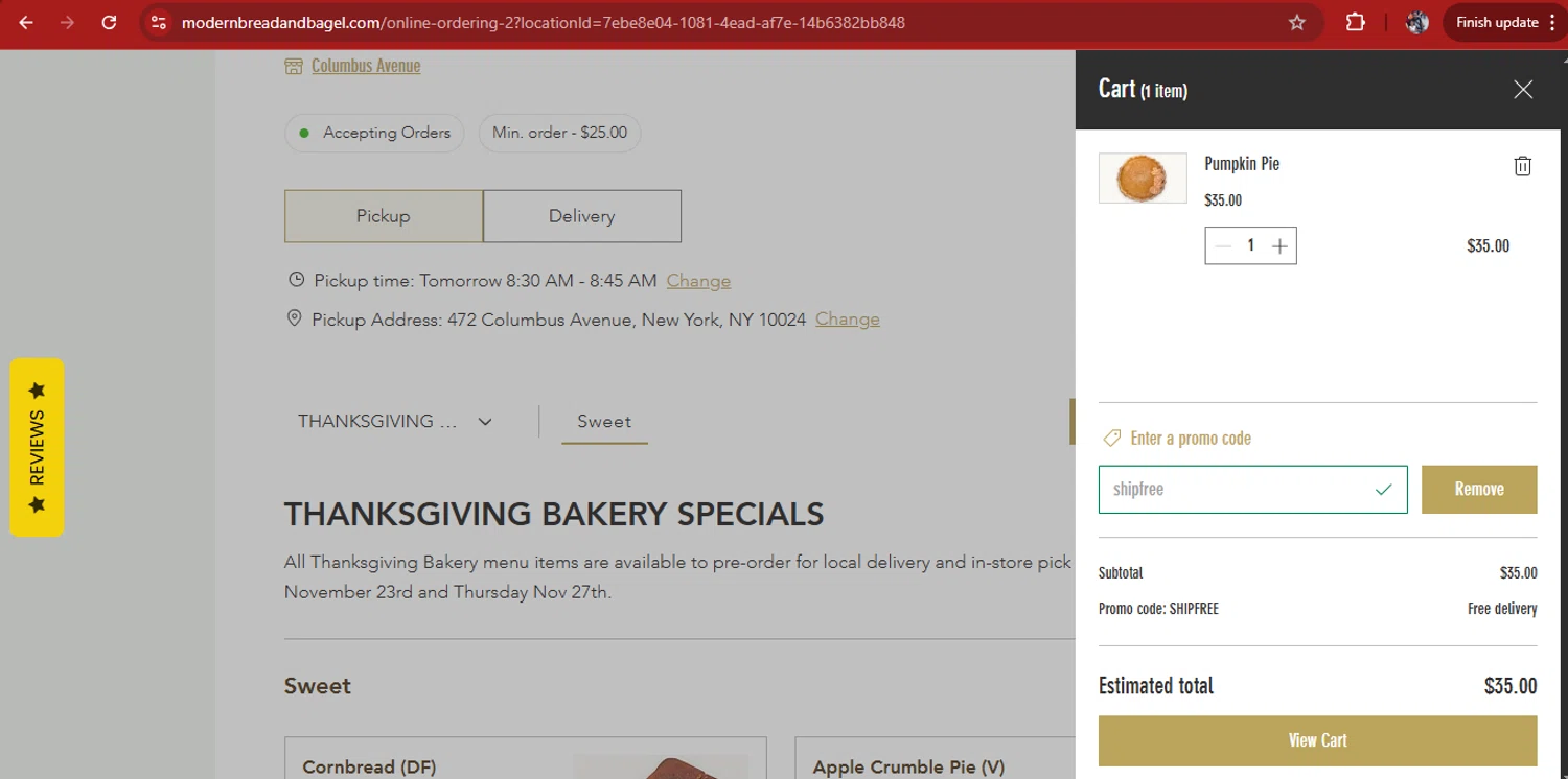 Modern Bread & Bagel promo code screenshot showing code SHIPFREE applied at Modern Bread & Bagel checkout page. Uploaded by SimplyCodes community member kimberlinmartinez on Nov 24, 2025