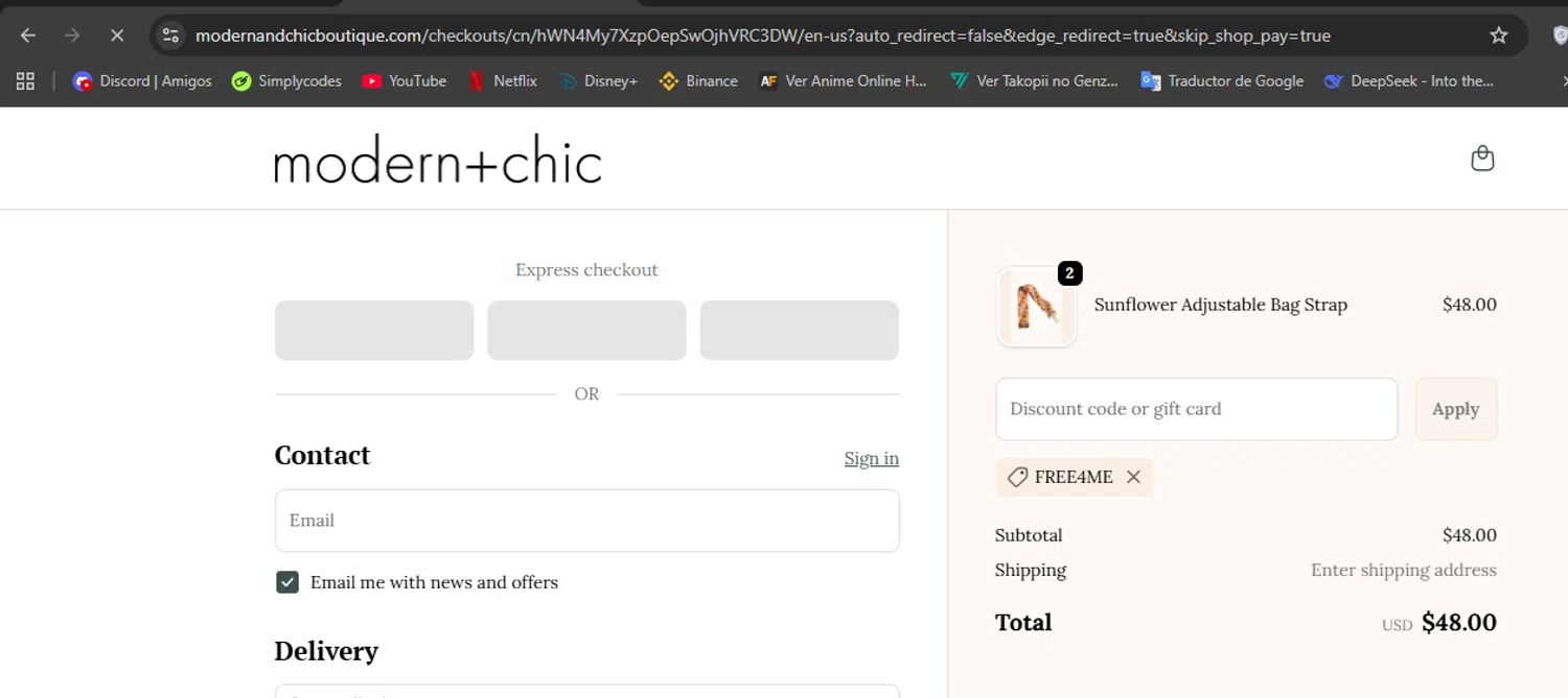 modern+chic promo code screenshot showing code free4me applied at modern+chic checkout page. Uploaded by SimplyCodes community member Hisoka on Oct 21, 2025