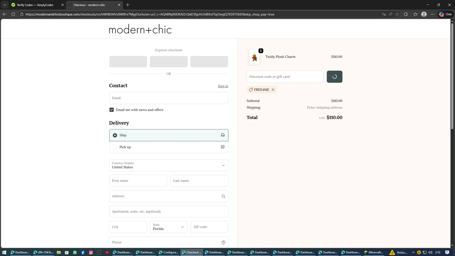 modern+chic checkout page showing modern+chic promo code box | Screenshot taken by SimplyCodes community member on Feb 2, 2026
