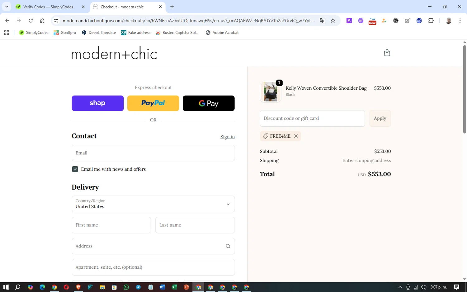 modern+chic promo code screenshot showing code free4me applied at modern+chic checkout page. Uploaded by SimplyCodes community member Texas_City on Dec 19, 2025