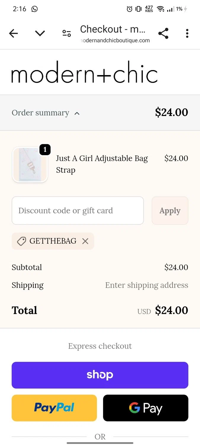 modern+chic promo code screenshot showing code Getthebag applied at modern+chic checkout page. Uploaded by SimplyCodes community member Runner on Sep 18, 2025