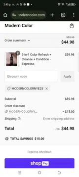 MODERNCOLORNYE25 coupon verification screenshot