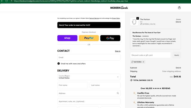 Modern Gents Trading checkout page showing Modern Gents Trading promo code box | Screenshot taken by SimplyCodes community member on Oct 11, 2025