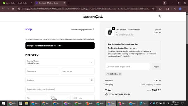 Modern Gents Trading checkout page showing Modern Gents Trading promo code box | Screenshot taken by SimplyCodes community member on Oct 11, 2025