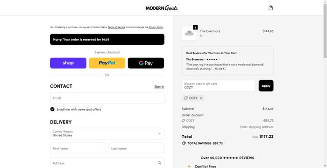 Modern Gents Trading checkout page showing Modern Gents Trading promo code box | Screenshot taken by SimplyCodes community member on Oct 11, 2025