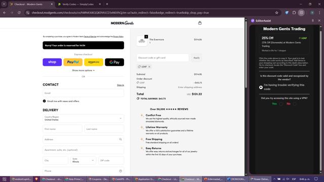 Modern Gents Trading checkout page showing Modern Gents Trading promo code box | Screenshot taken by SimplyCodes community member on Oct 13, 2025