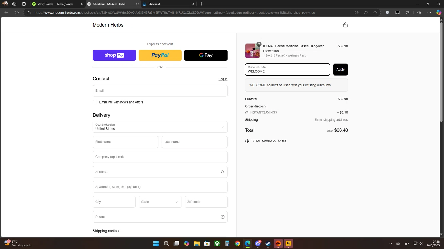 Modern Herbs promo code screenshot showing code WELCOME applied at Modern Herbs checkout page. Uploaded by SimplyCodes community member Flores on Mar 18, 2025