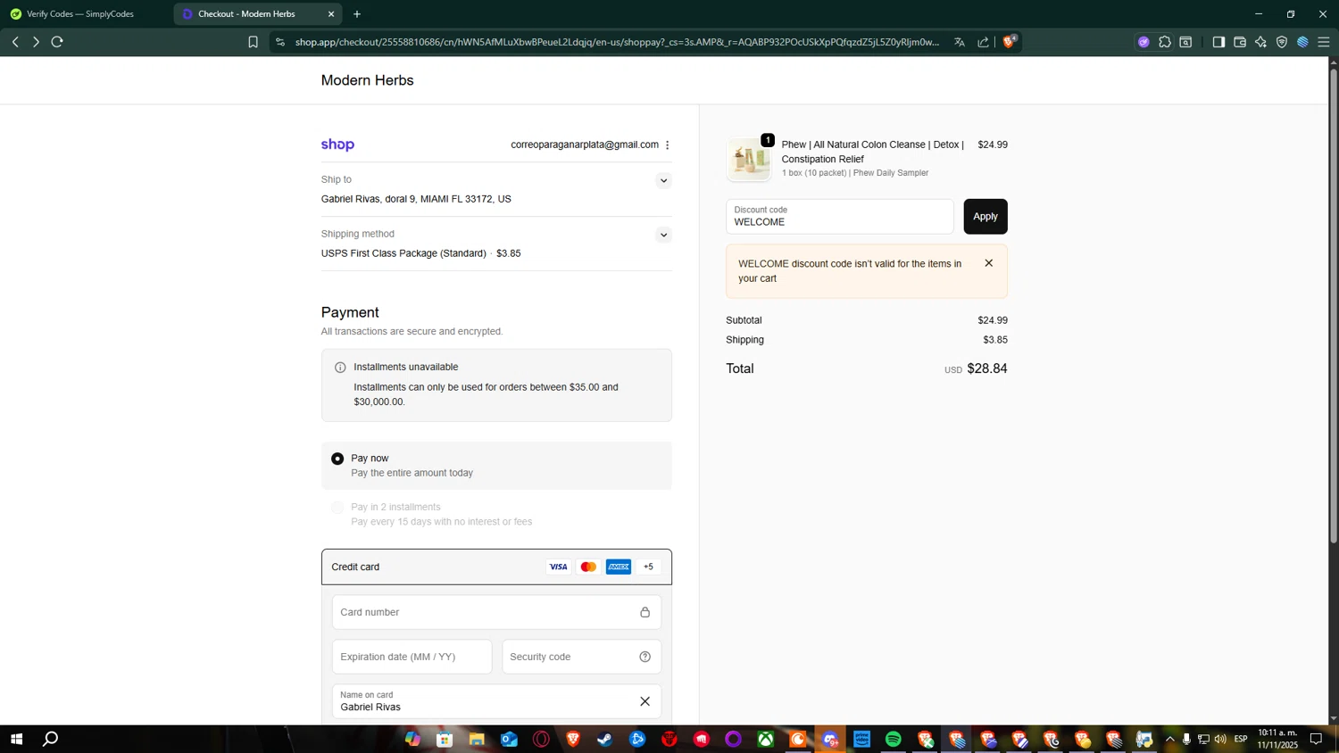 Modern Herbs promo code screenshot showing code WELCOME applied at Modern Herbs checkout page. Uploaded by SimplyCodes community member RickCound on Nov 11, 2025