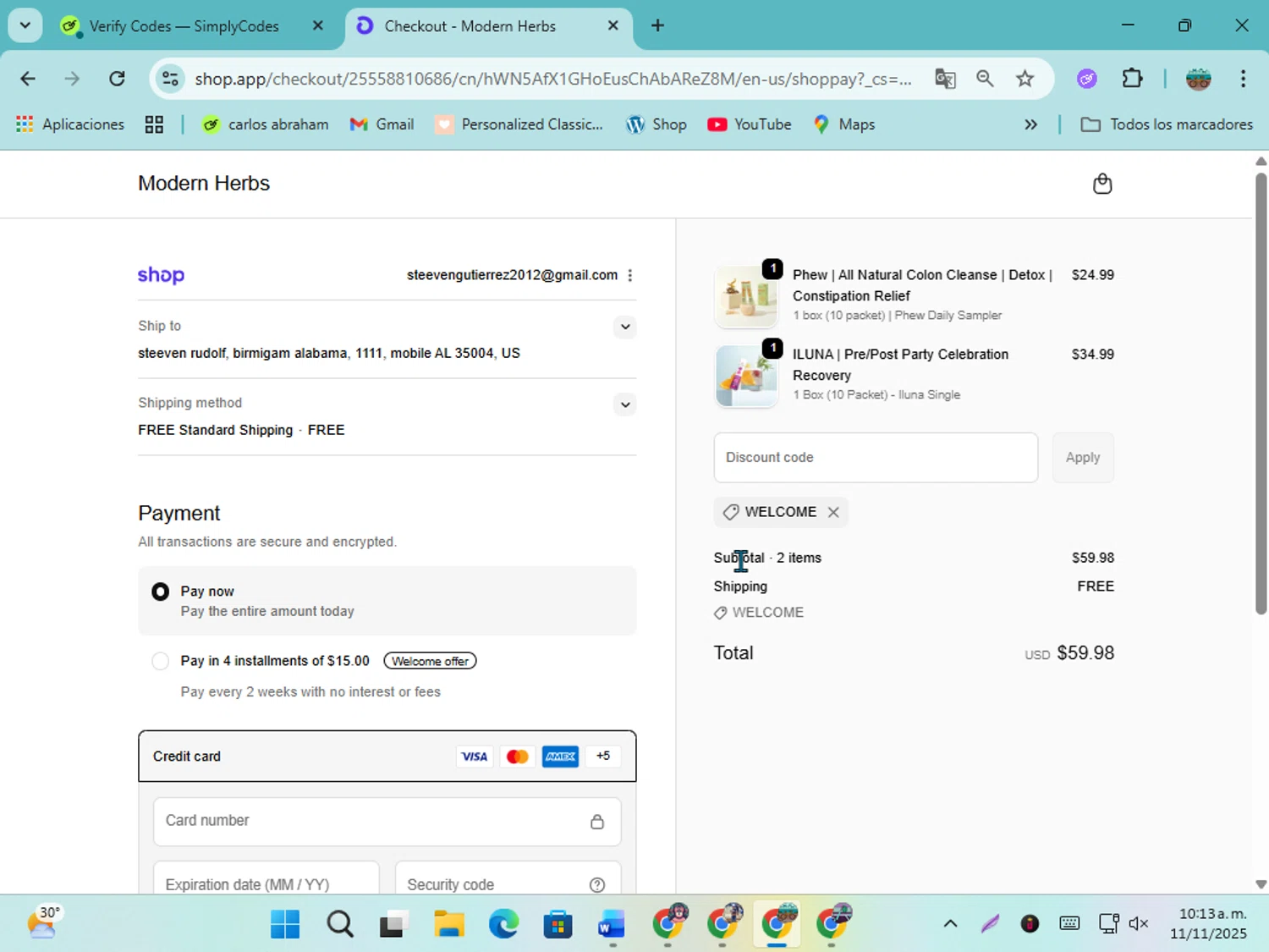 Modern Herbs promo code screenshot showing code WELCOME applied at Modern Herbs checkout page. Uploaded by SimplyCodes community member karolg on Nov 11, 2025