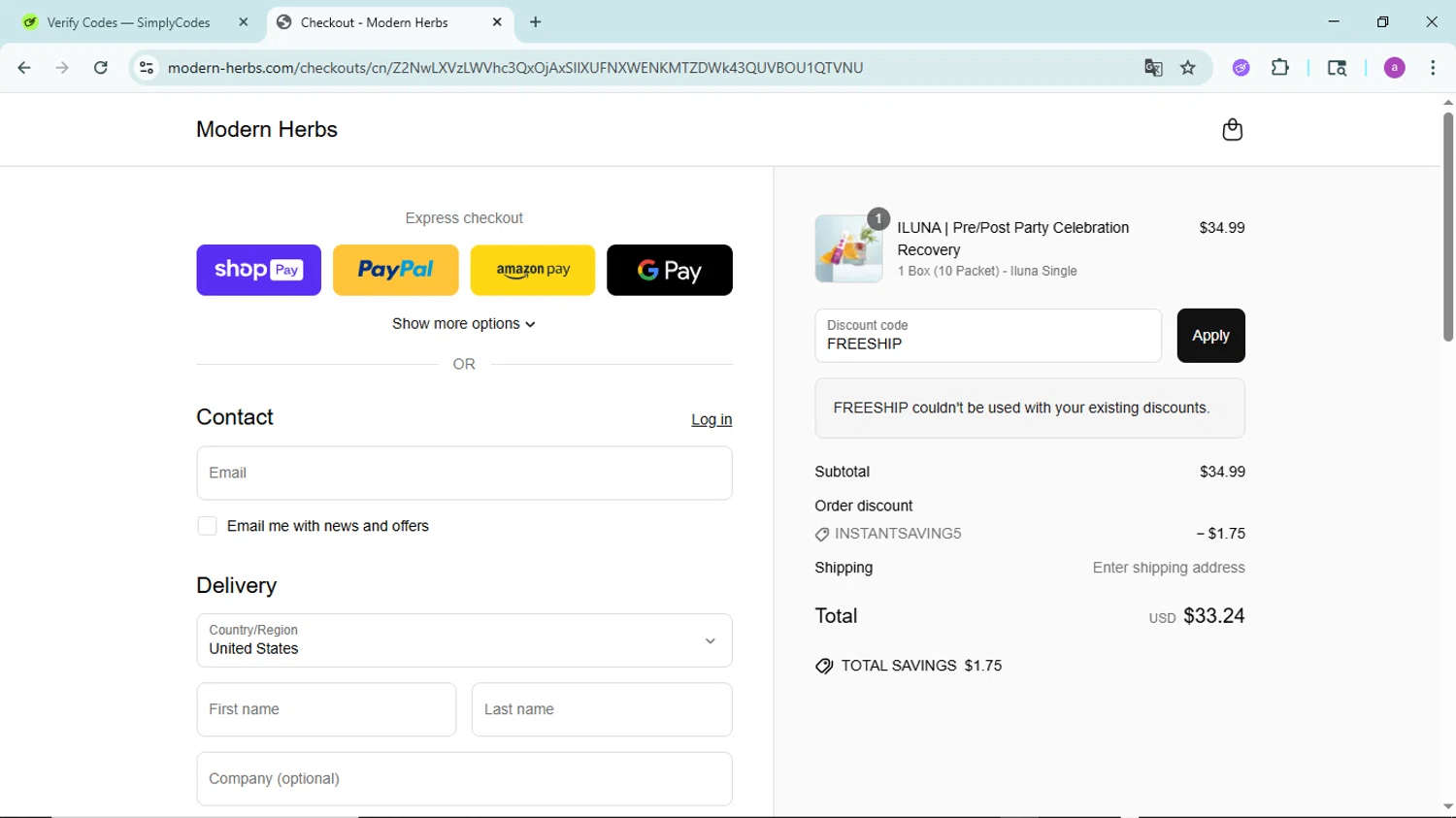 Modern Herbs promo code screenshot showing code FREESHIP applied at Modern Herbs checkout page. Uploaded by SimplyCodes community member PennyBoss9589 on Jun 29, 2025