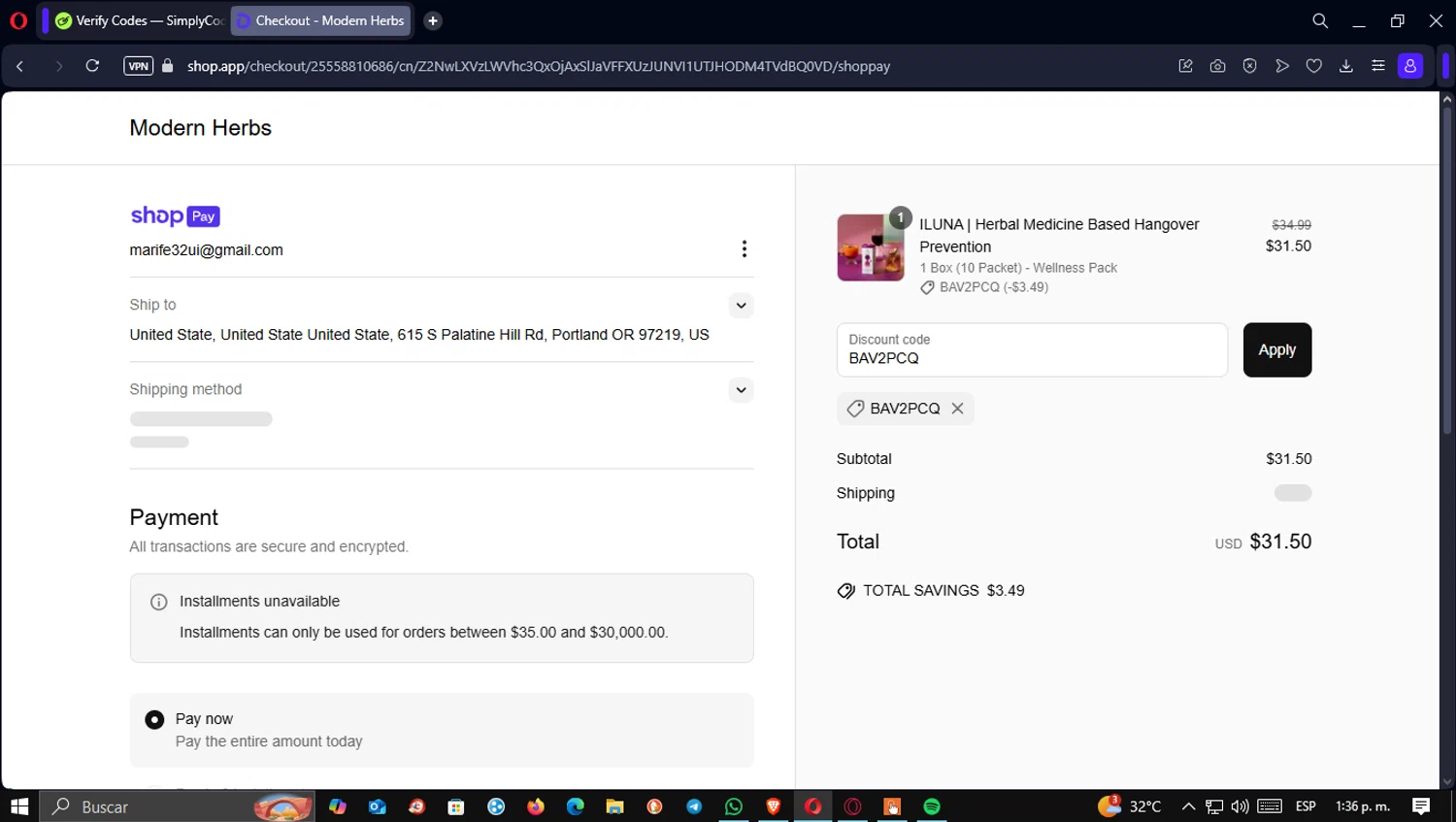 Modern Herbs promo code screenshot showing code BAV2PCQ applied at Modern Herbs checkout page. Uploaded by SimplyCodes community member CleoSalvatore on Apr 16, 2025