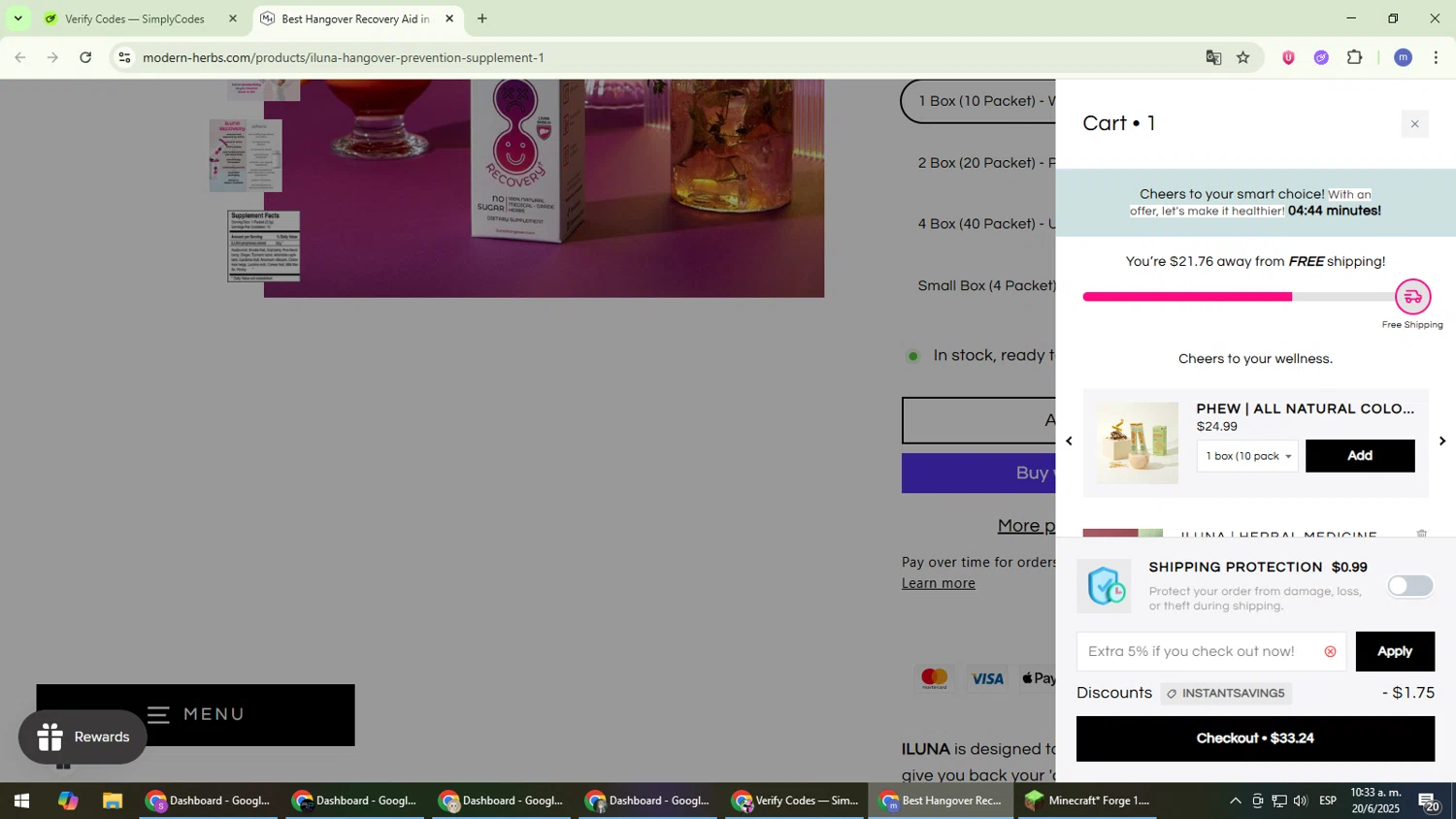 Modern Herbs promo code screenshot showing code NSRJHE applied at Modern Herbs checkout page. Uploaded by SimplyCodes community member QuestDefender2661 on Jun 20, 2025