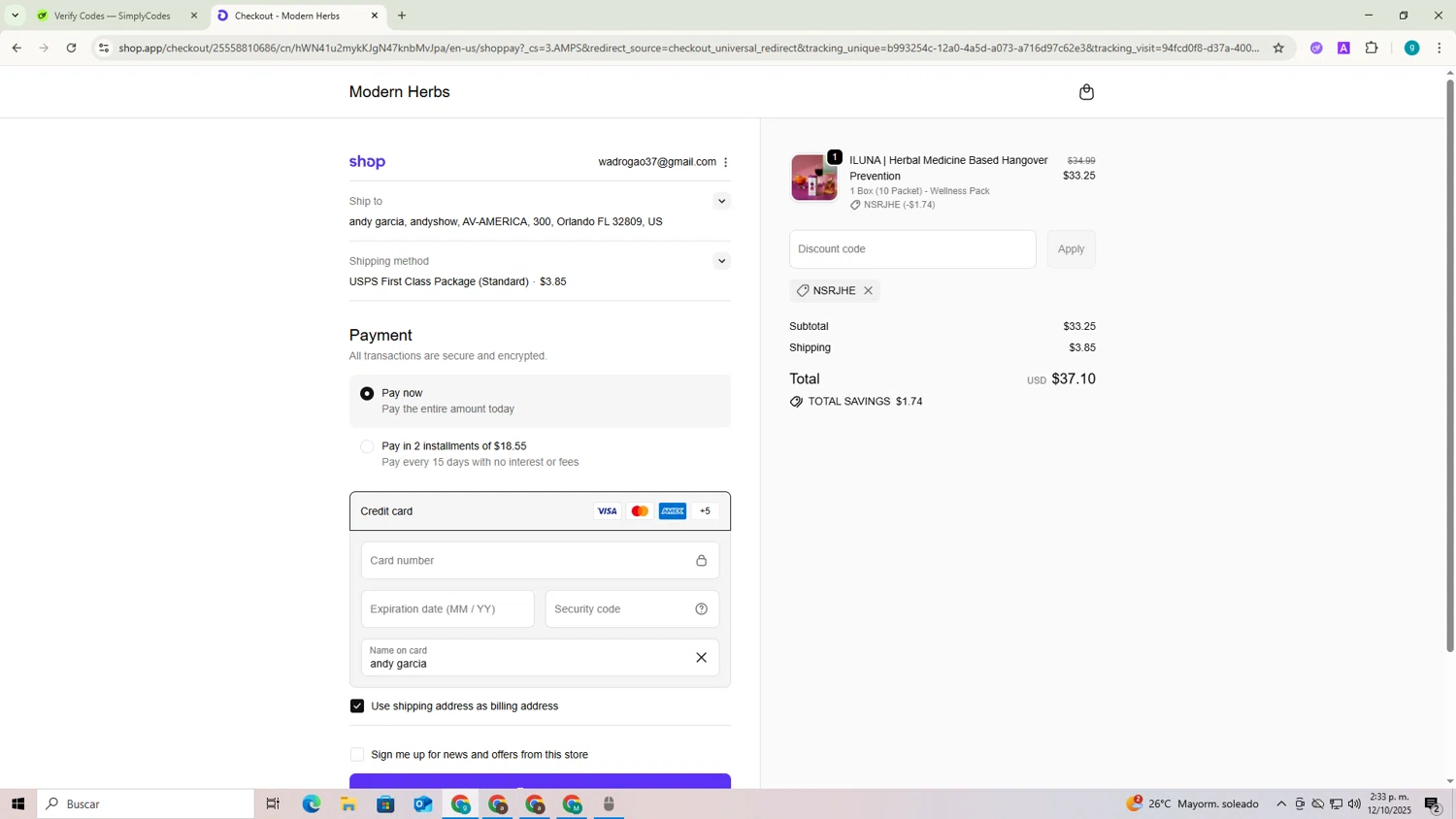 Modern Herbs promo code screenshot showing code NSRJHE applied at Modern Herbs checkout page. Uploaded by SimplyCodes community member ShieldExpert3365 on Oct 12, 2025