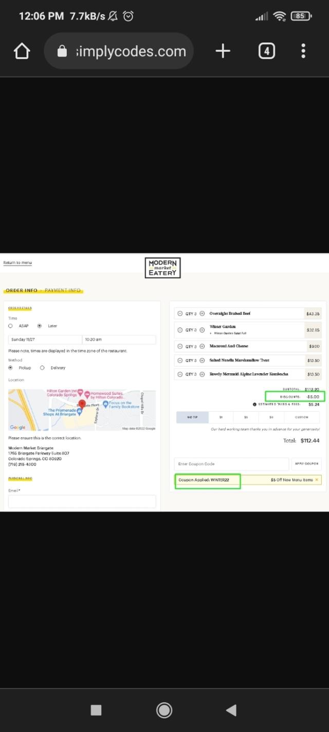 Modern Market checkout page showing Modern Market coupon code box | Screenshot taken by SimplyCodes community member on Dec 26, 2022