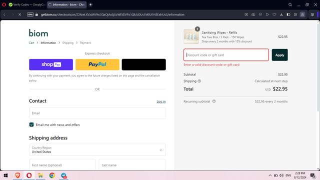 Modern Market checkout page showing Modern Market coupon code box | Screenshot taken by SimplyCodes community member on Aug 13, 2024