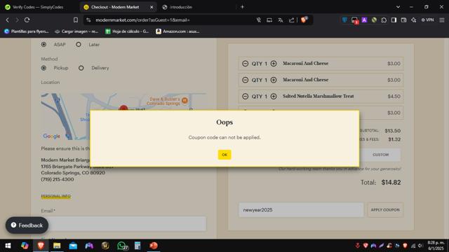 Modern Market checkout page showing Modern Market coupon code box | Screenshot taken by SimplyCodes community member on Jan 7, 2025