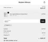 Modern Mirrors coupon verification screenshot