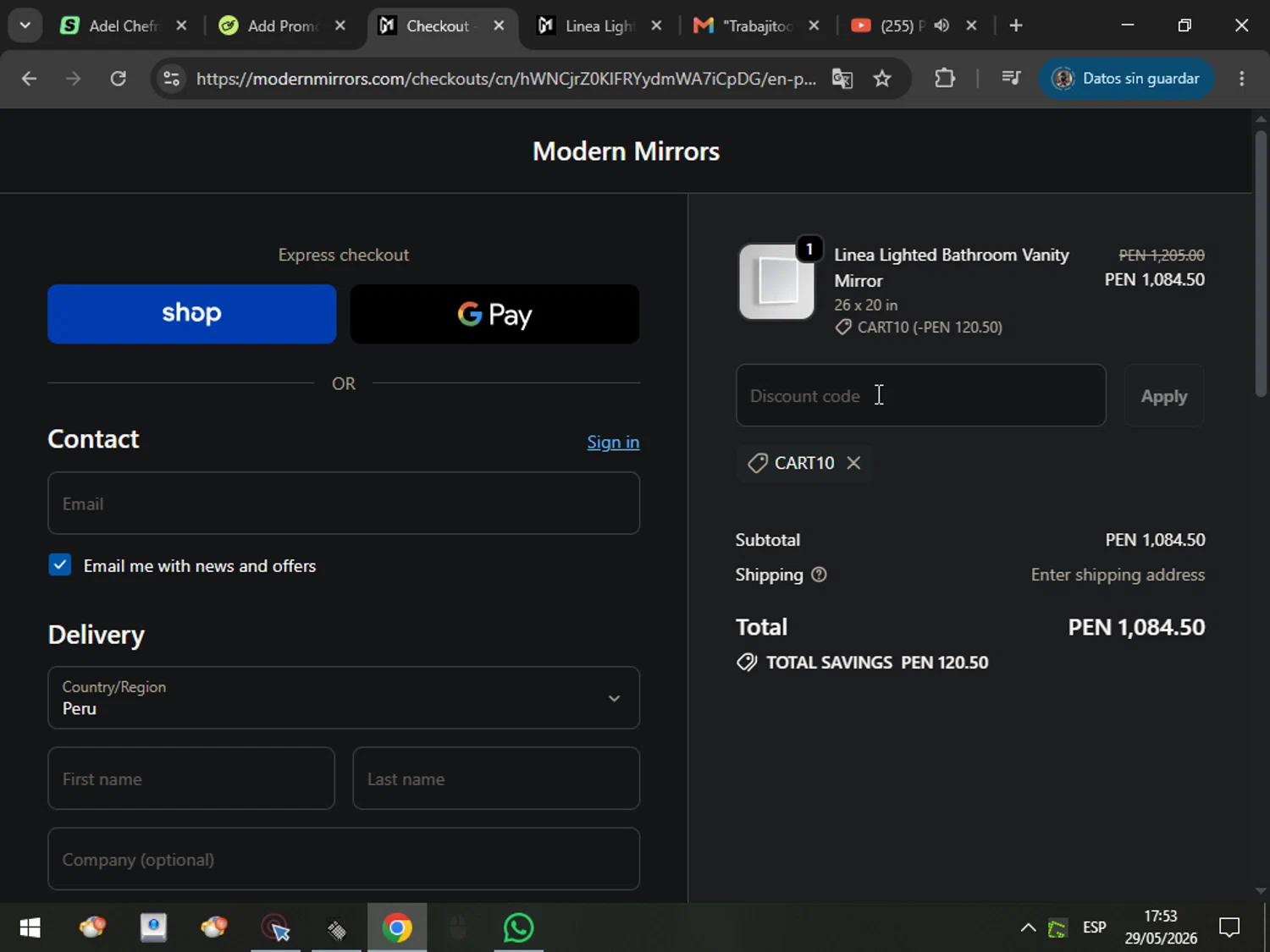 Modern Mirrors promo code screenshot showing code CART10 applied at Modern Mirrors checkout page. Uploaded by SimplyCodes community member MarcosAranguren on May 29, 2026