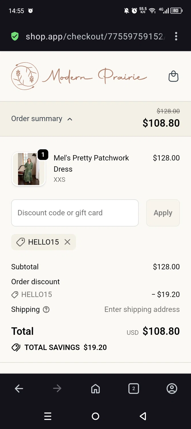 Modern Prairie discount code screenshot showing code HELLO15 applied at Modern Prairie checkout page. Uploaded by SimplyCodes community member Olivatle37 on Oct 20, 2025