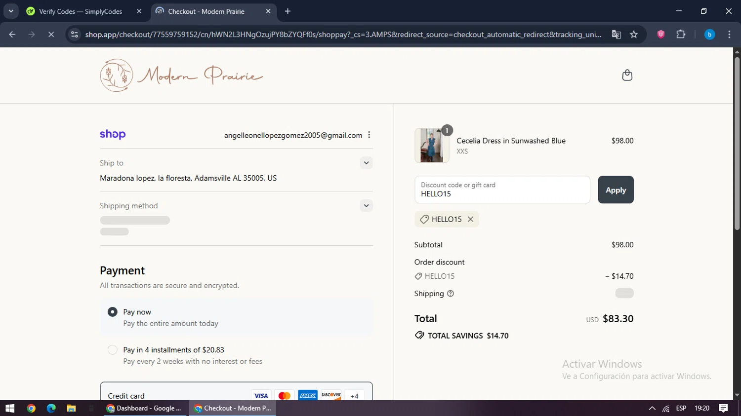 Modern Prairie discount code screenshot showing code HELLO15 applied at Modern Prairie checkout page. Uploaded by SimplyCodes community member bilijr on Aug 28, 2025