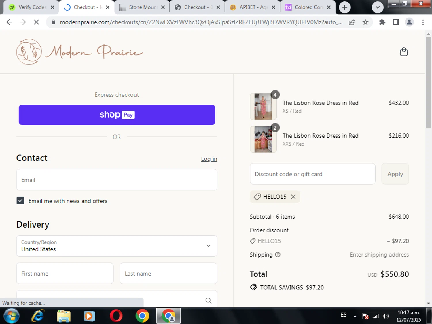 Modern Prairie discount code screenshot showing code HELLO15 applied at Modern Prairie checkout page. Uploaded by SimplyCodes community member miguel02 on Jul 12, 2025