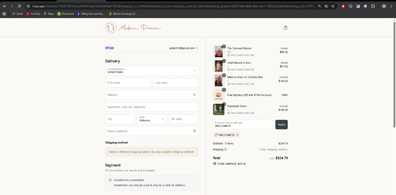 Modern Prairie discount code screenshot showing code WELCOME15 applied at Modern Prairie checkout page. Uploaded by SimplyCodes community member YJMQ95 on Sep 2, 2025