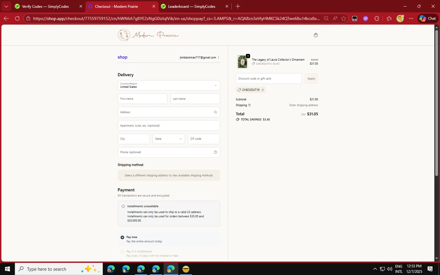 Modern Prairie discount code screenshot showing code CHECKOUT10 applied at Modern Prairie checkout page. Uploaded by SimplyCodes community member jvllsk2 on Dec 7, 2025