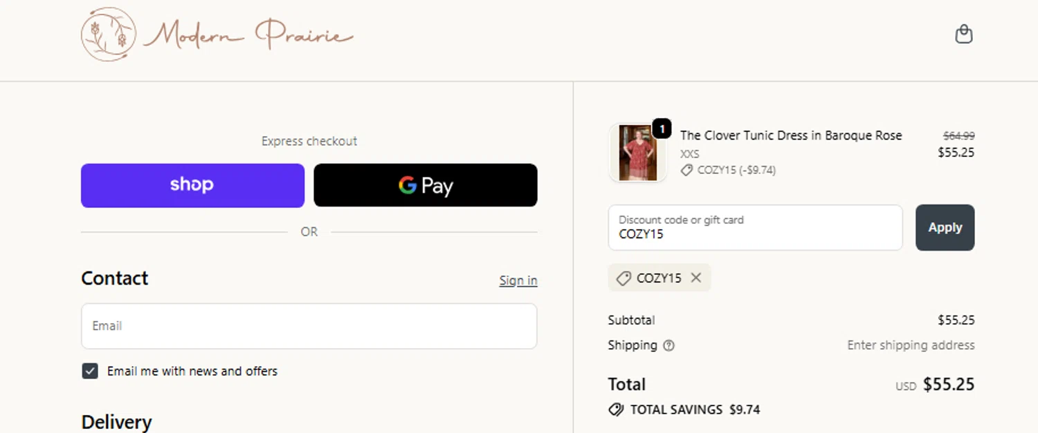 Modern Prairie discount code screenshot showing code COZY15 applied at Modern Prairie checkout page. Uploaded by SimplyCodes community member Jhonny on Dec 26, 2025