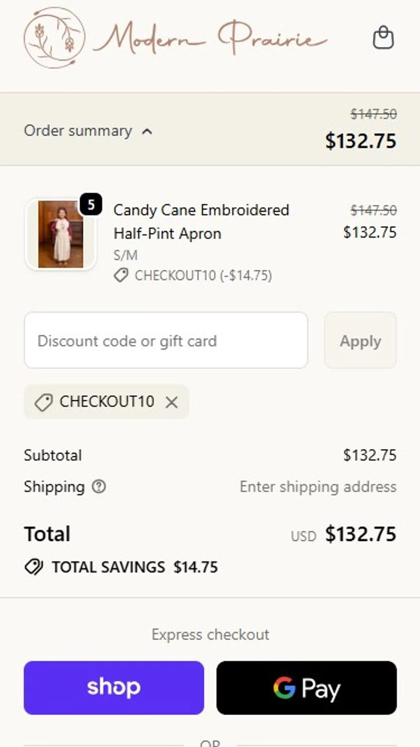 Modern Prairie discount code screenshot showing code CHECKOUT10 applied at Modern Prairie checkout page. Uploaded by SimplyCodes community member RonaldoM32 on Nov 21, 2025
