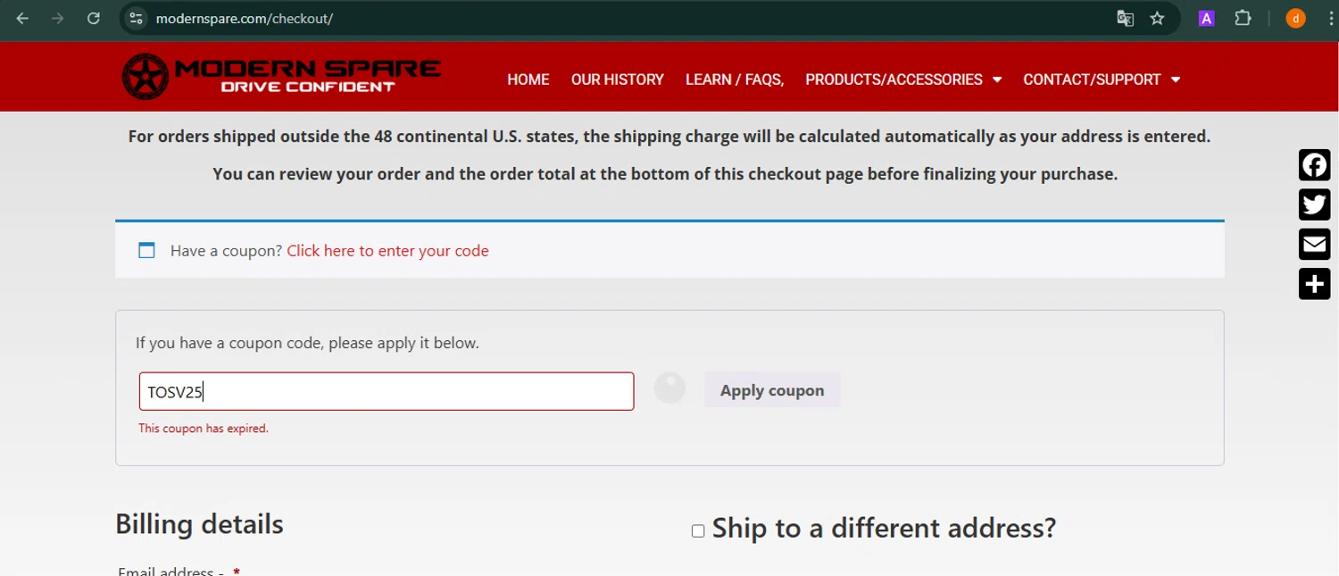 Modern Spare coupon code screenshot showing code TOSV25 applied at Modern Spare checkout page. Uploaded by SimplyCodes community member PennyAdmiral6960 on Mar 25, 2025