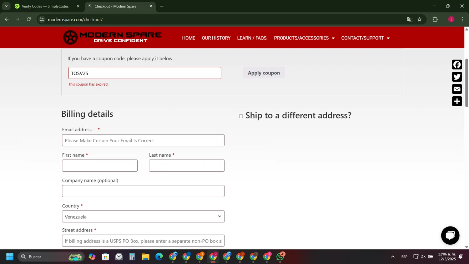 Modern Spare coupon code screenshot showing code TOSV25 applied at Modern Spare checkout page. Uploaded by SimplyCodes community member FrugalFinder745 on Mar 12, 2025