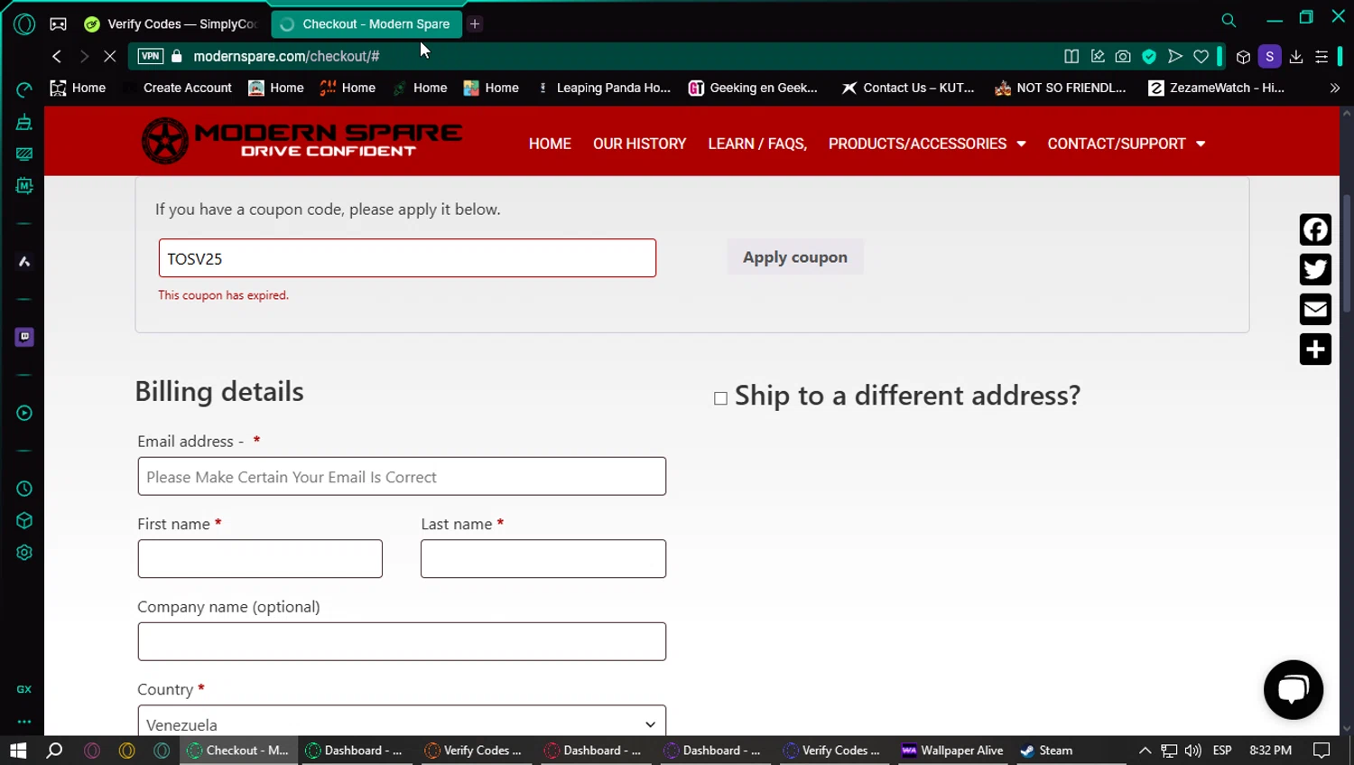 Modern Spare coupon code screenshot showing code TOSV25 applied at Modern Spare checkout page. Uploaded by SimplyCodes community member VoucherSentinel6666 on Mar 16, 2025