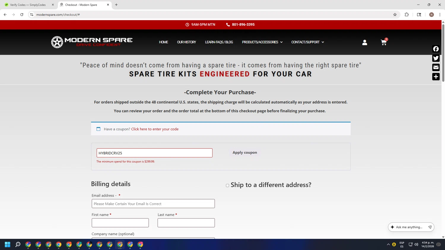 Modern Spare checkout page showing Modern Spare coupon code box | Screenshot taken by SimplyCodes community member on Feb 14, 2026