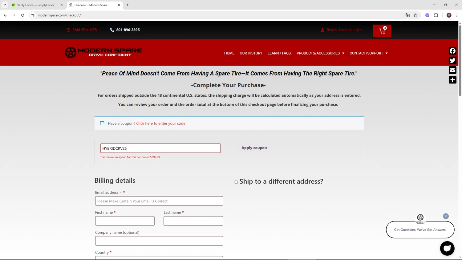 Modern Spare coupon code screenshot showing code HYBRIDCRV25 applied at Modern Spare checkout page. Uploaded by SimplyCodes community member KTMCRF on Jul 30, 2025