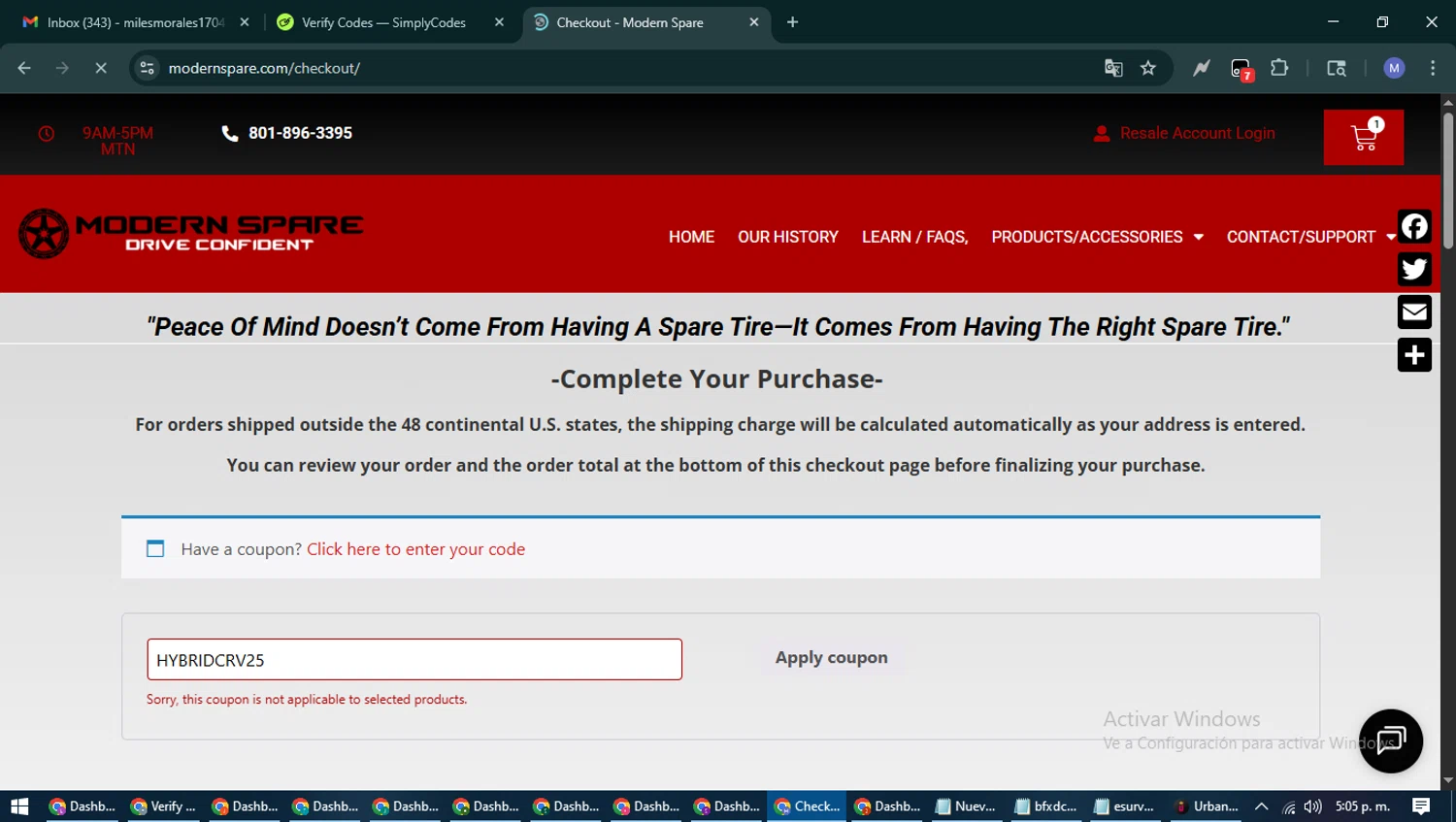 Modern Spare coupon code screenshot showing code HYBRIDCRV25 applied at Modern Spare checkout page. Uploaded by SimplyCodes community member PrimeFox5260 on Aug 13, 2025
