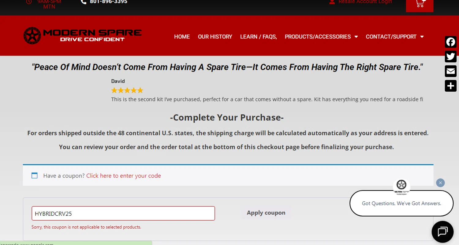 Modern Spare coupon code screenshot showing code HYBRIDCRV25 applied at Modern Spare checkout page. Uploaded by SimplyCodes community member Ronald13 on Aug 31, 2025
