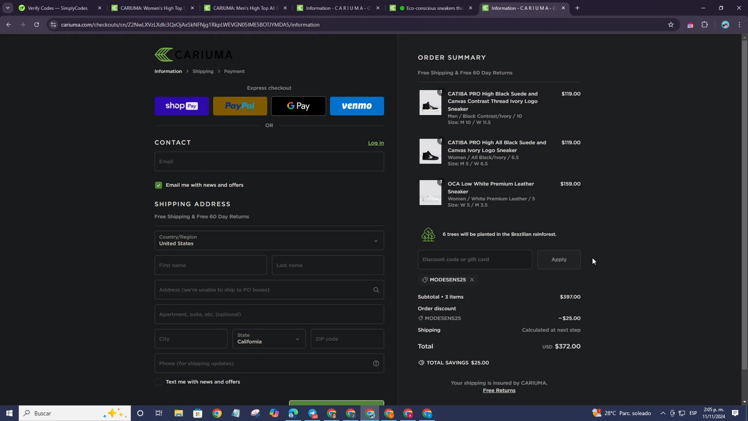 ModeSens checkout page showing ModeSens promo code box | Screenshot taken by SimplyCodes community member on Nov 11, 2024
