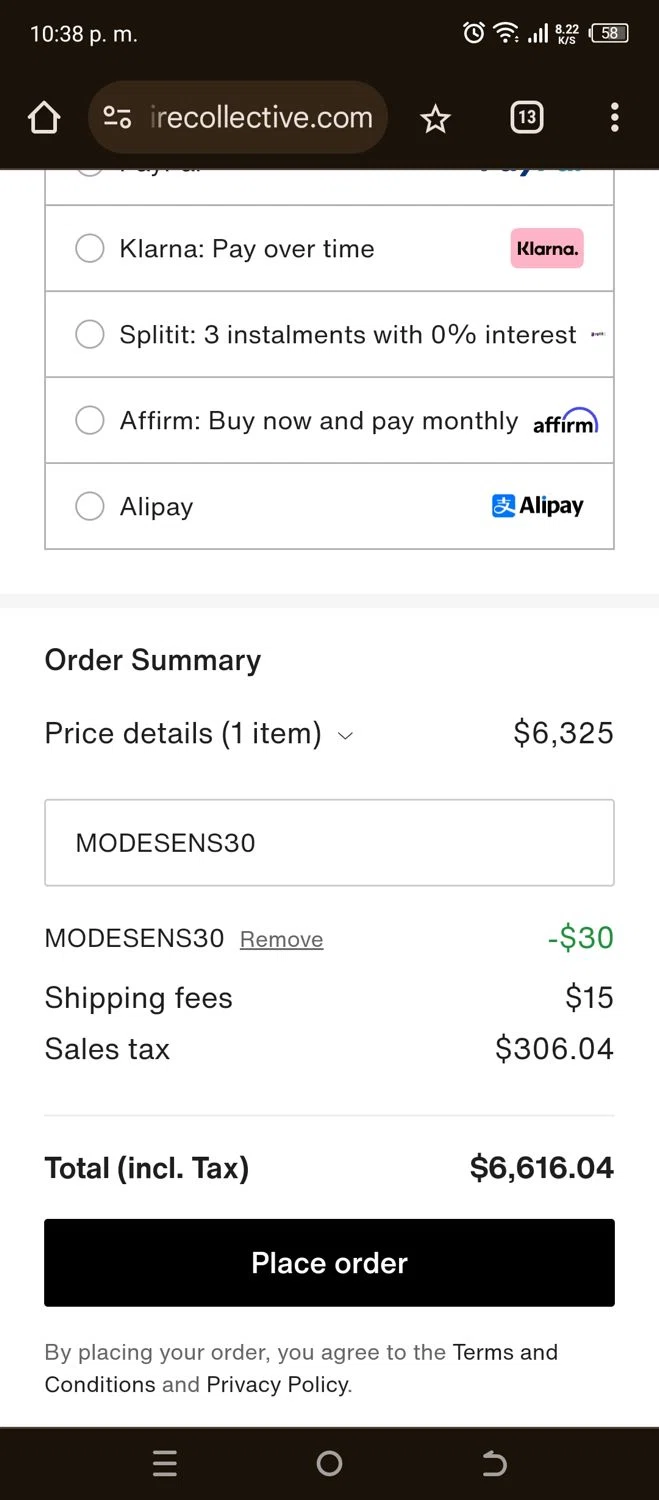 ModeSens checkout page showing ModeSens promo code box | Screenshot taken by SimplyCodes community member on Sep 13, 2024
