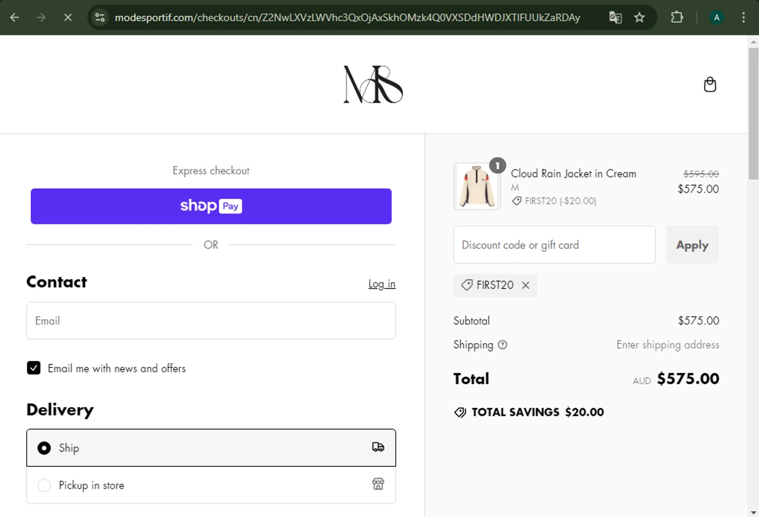 Mode Sportif discount code screenshot showing code FIRST20 applied at Mode Sportif checkout page. Uploaded by SimplyCodes community member AlexSierra on Jan 15, 2025
