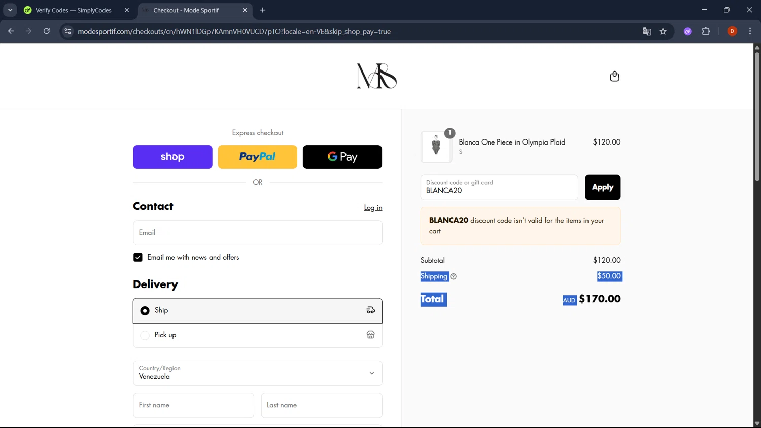 Mode Sportif discount code screenshot showing code BLANCA20 applied at Mode Sportif checkout page. Uploaded by SimplyCodes community member RoyalSaver3150 on Aug 13, 2025