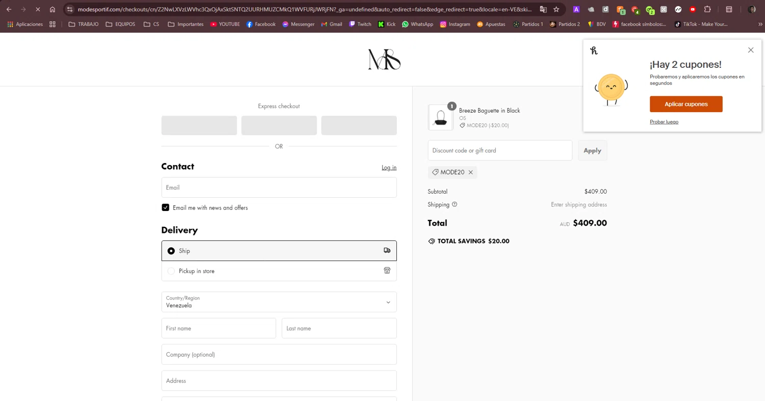 Mode Sportif discount code screenshot showing code Mode20 applied at Mode Sportif checkout page. Uploaded by SimplyCodes community member Jose29 on Feb 10, 2025