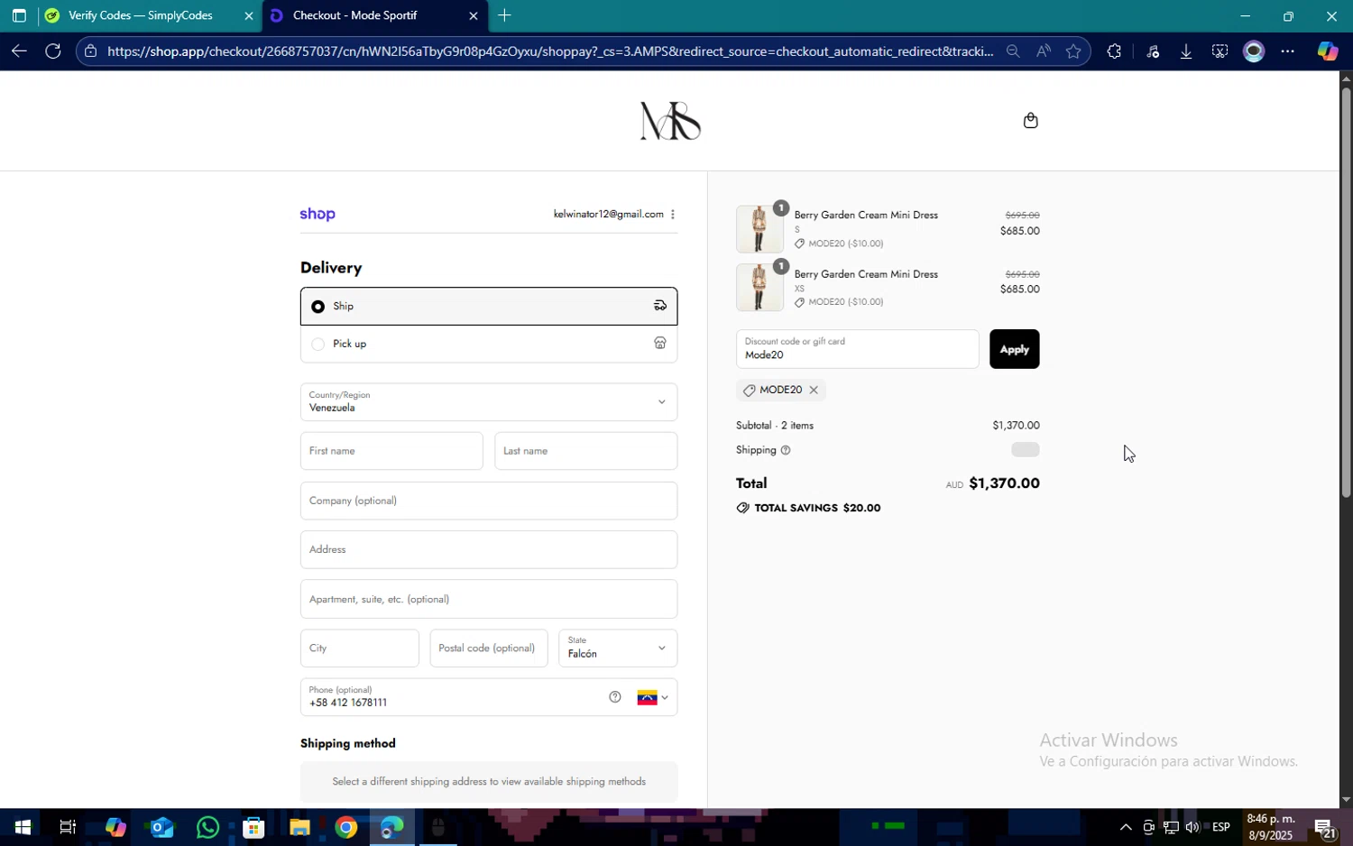 Mode Sportif discount code screenshot showing code Mode20 applied at Mode Sportif checkout page. Uploaded by SimplyCodes community member SOPACONPAN on Sep 9, 2025