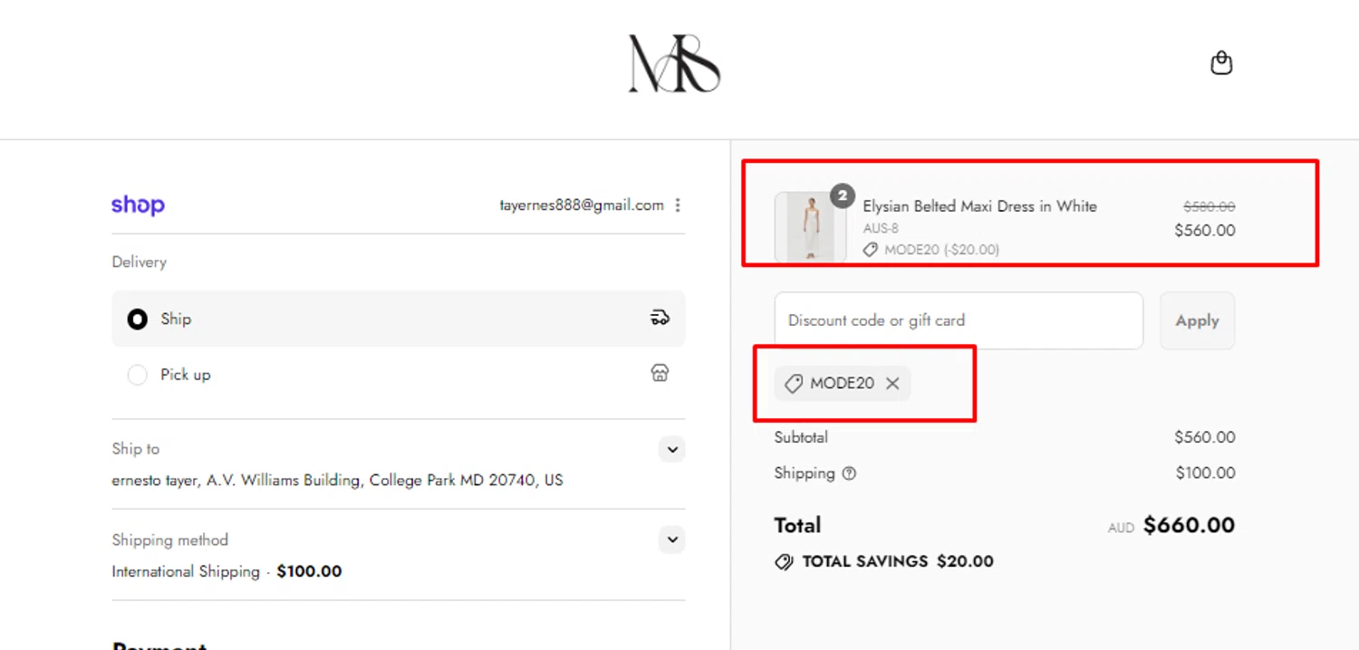Mode Sportif discount code screenshot showing code Mode20 applied at Mode Sportif checkout page. Uploaded by SimplyCodes community member Veronicas on Sep 12, 2025