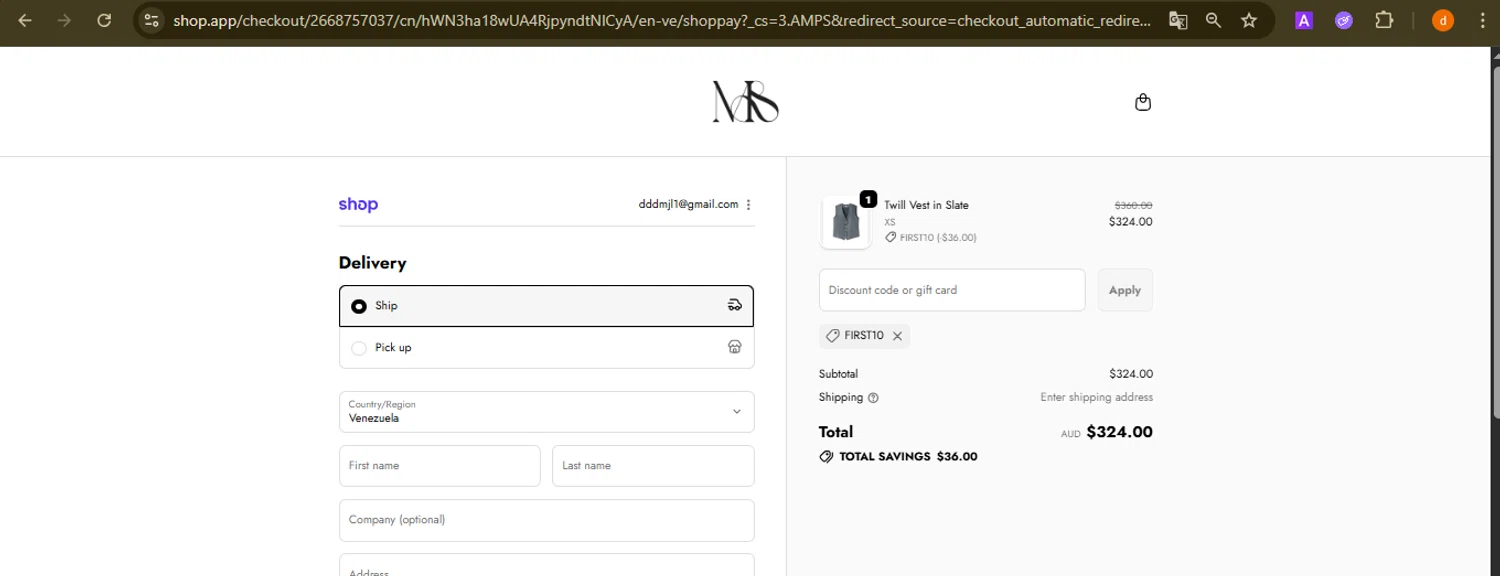 Mode Sportif discount code screenshot showing code FIRST10 applied at Mode Sportif checkout page. Uploaded by SimplyCodes community member PennyAdmiral6960 on Oct 3, 2025