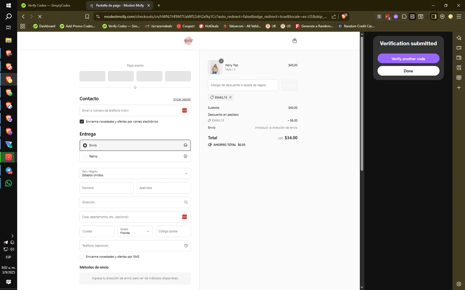 Modest Molly discount code screenshot showing code EMAIL15 applied at Modest Molly checkout page. Uploaded by SimplyCodes community member HiddenPulse7619 on Sep 3, 2025