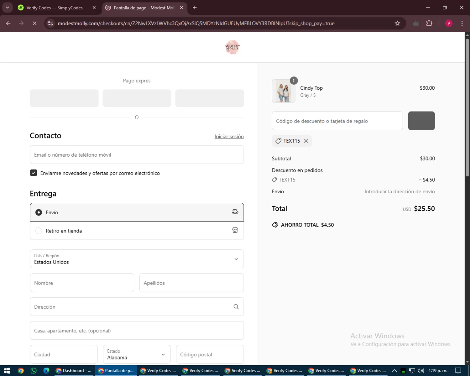 Modest Molly discount code screenshot showing code TEXT15 applied at Modest Molly checkout page. Uploaded by SimplyCodes community member ShieldEagle6102 on May 2, 2025