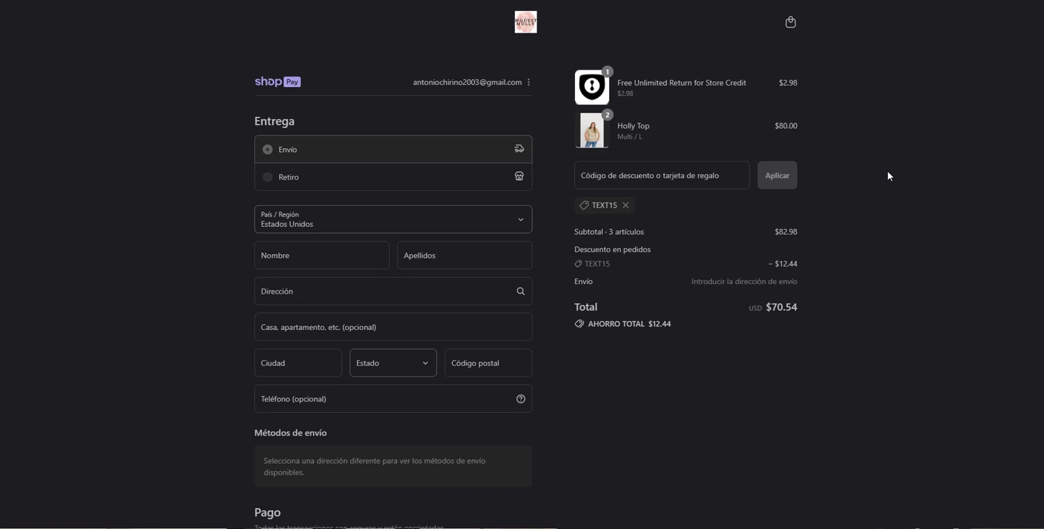 Modest Molly discount code screenshot showing code TEXT15 applied at Modest Molly checkout page. Uploaded by SimplyCodes community member johnnybravo on Aug 26, 2025