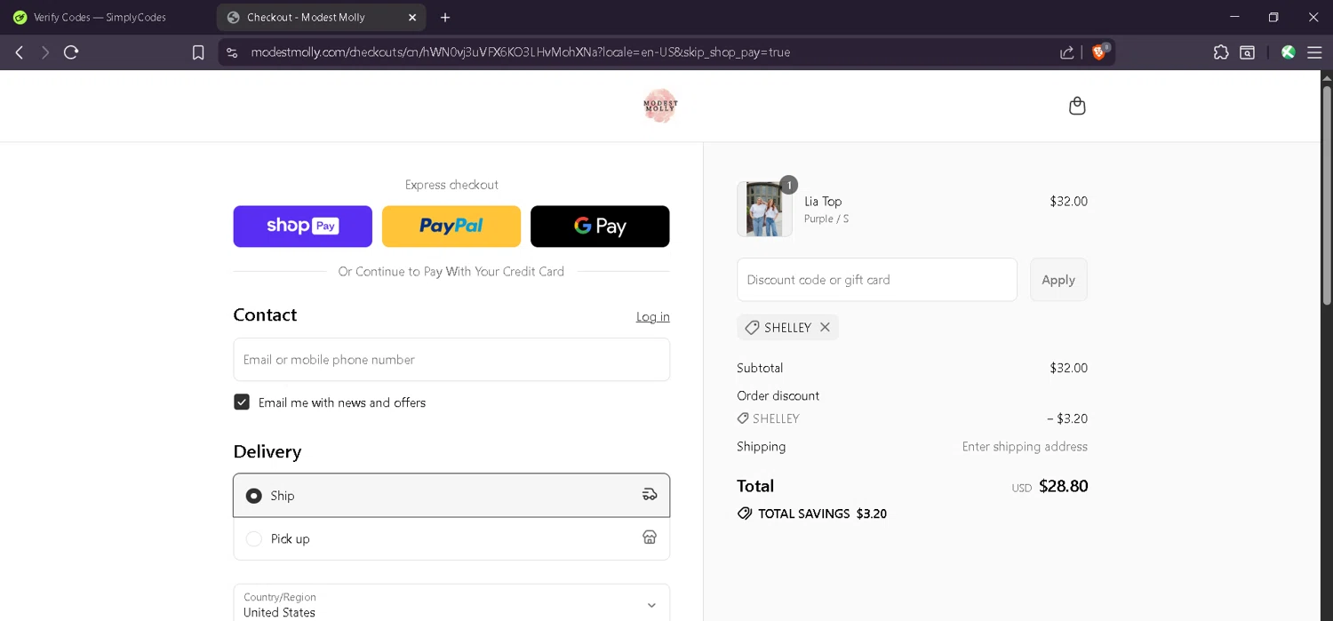Modest Molly discount code screenshot showing code SHELLEY applied at Modest Molly checkout page. Uploaded by SimplyCodes community member Estefani4 on Jul 22, 2025