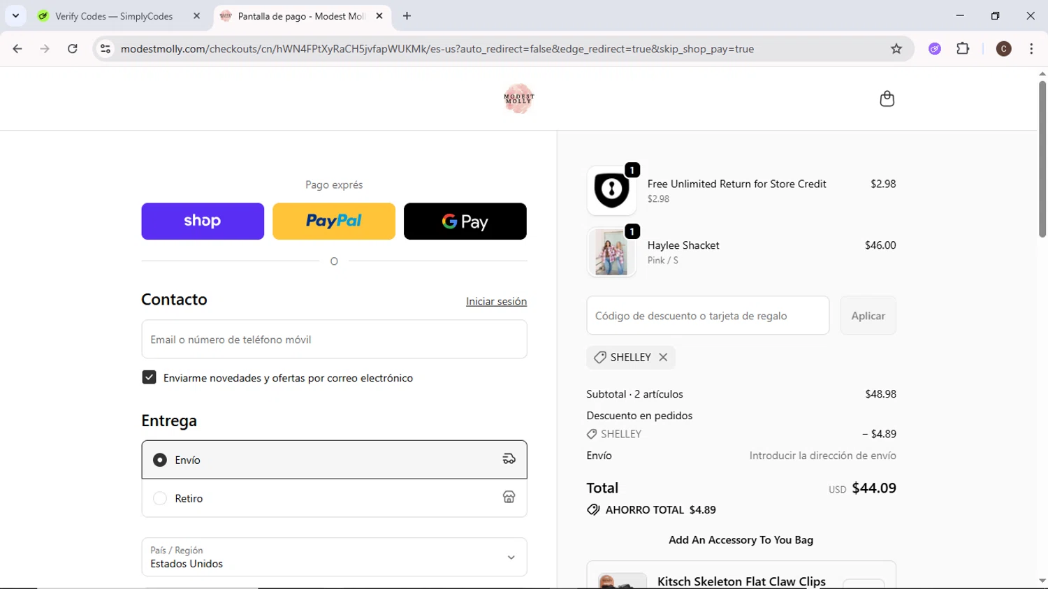 Modest Molly discount code screenshot showing code SHELLEY applied at Modest Molly checkout page. Uploaded by SimplyCodes community member MoneyPilot9634 on Oct 18, 2025