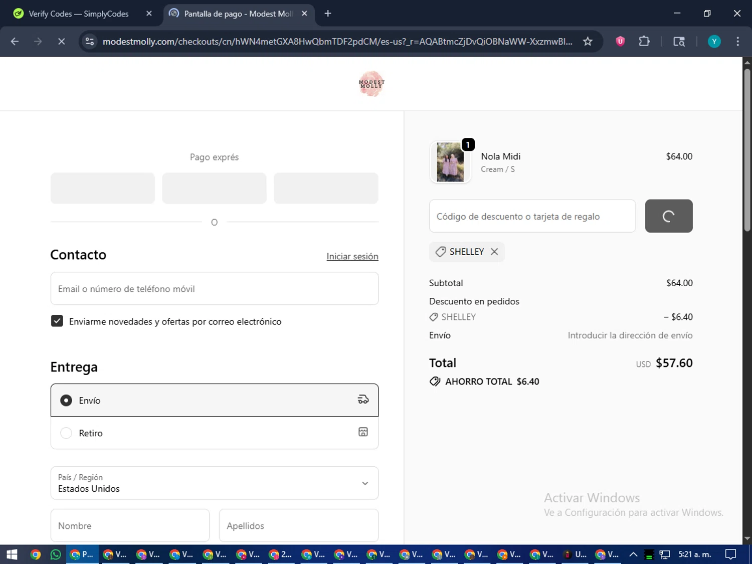 Modest Molly discount code screenshot showing code SHELLEY applied at Modest Molly checkout page. Uploaded by SimplyCodes community member RoyalEagle4794 on Nov 1, 2025